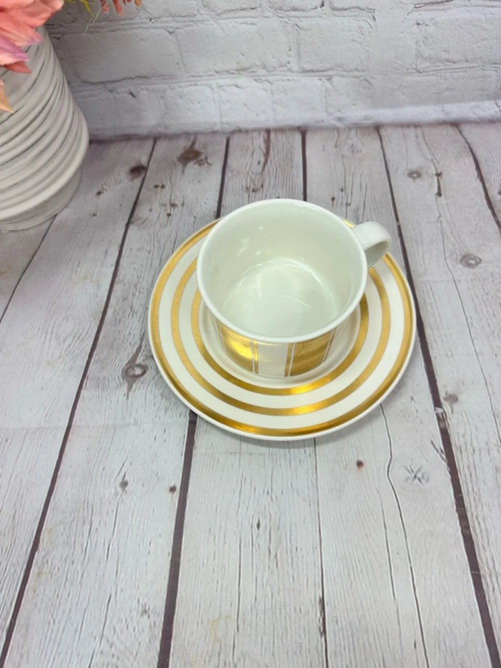 Fifth Avenue by Mikasa Flat Demitasse Cup & Saucer Set gold cream stripe